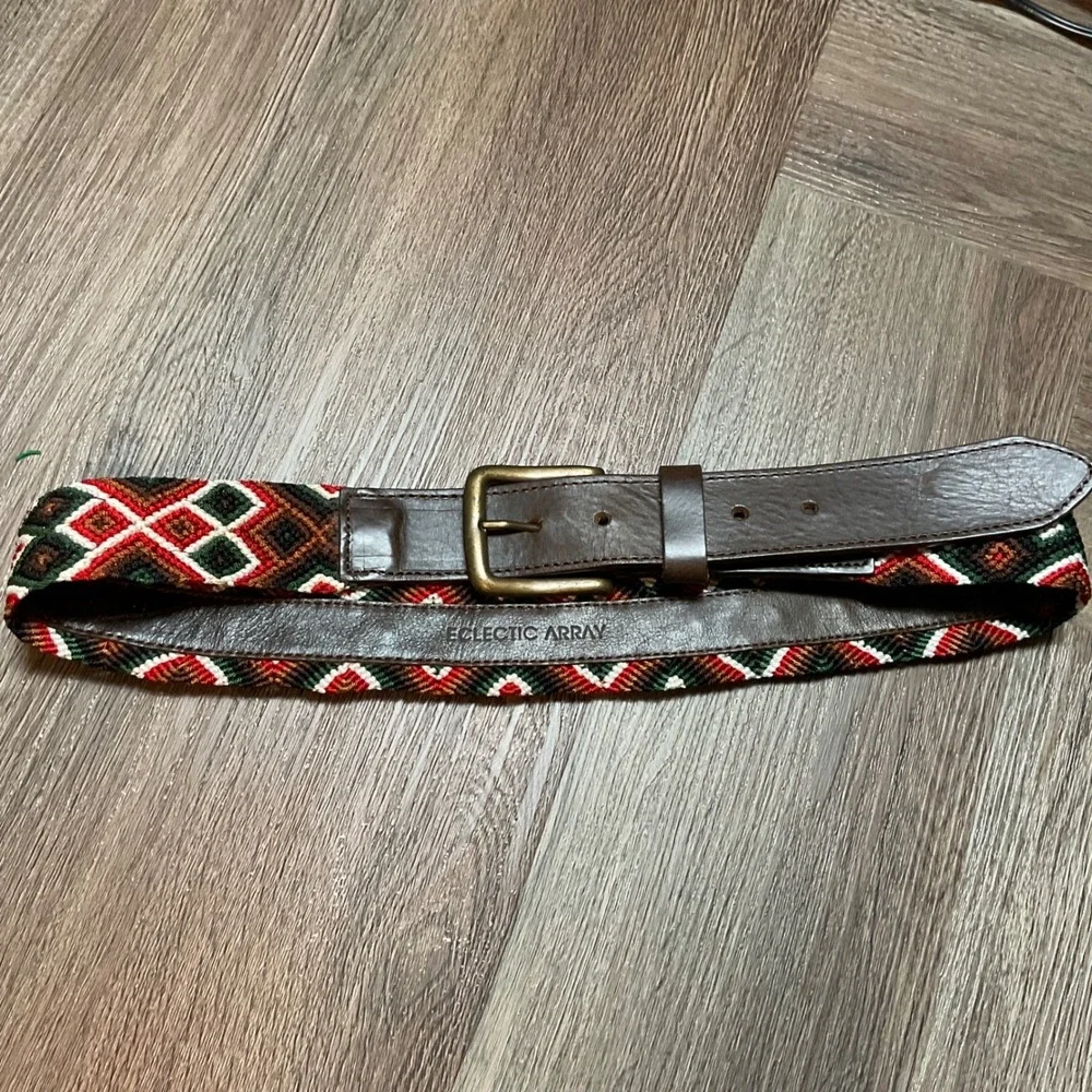 Eclectic Array Festival Boho Leather Chiapas Woven‎ Belt Womens Small Brown